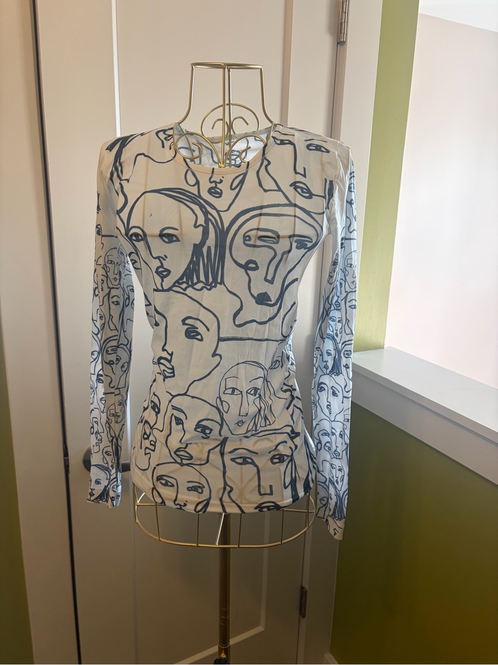 AMD White Long-Sleeve Tee with Blue Abstract Face Print